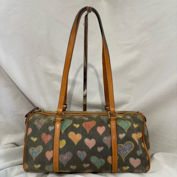 Dooney Bourke Handbags - Dooney & Bourke Coated Canvas Heart Print Small Barrel Shoulder Bag Brown